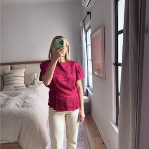 Pink Ruffled Fitted Short Sleeve Blouse